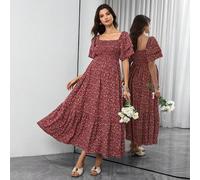 Abito da maternità con stampa floreale, scollo quadrato e orlo con volant, colore bordeaux, stile boho estivo, adatto per vacanze e come ospite a un matrimonio L,M,S,XL,XXLStampa CasualeTessuto intrec