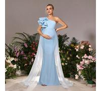 Abito da maternità elegante con manica monospalla arricciata & abiti per baby shower con spacco laterale a cascata, strascico in organza & orlo a coda di pesce scolpito elegante L,M,S,XL,XXLColore uni