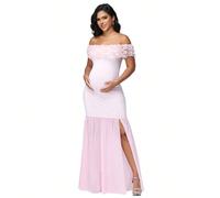 Abito da maternità floreale con spalle scoperte, elegante abito in chiffon con spacco sull'orlo per servizio fotografico festa di nascità, rosa L,M,S,XLTessuto in maglia