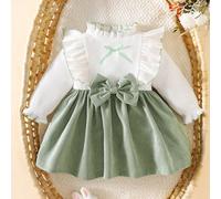 Abito da neonata con colletto in pizzo bianco, patchwork rosa, fiocco, elegante e retrò, morbido e confortevole, adatto per l'autunno e l'inverno 6-9M,0-1M,1-3M,3-6MBlocchi di coloreTessuto