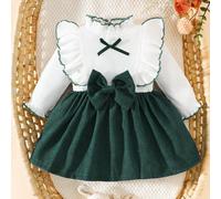 Abito da neonata con colletto in pizzo bianco, patchwork rosa, fiocco, elegante e retrò, morbido e confortevole, adatto per l'autunno e l'inverno 6-9M,0-1M,1-3M,3-6MBlocchi di coloreTessuto