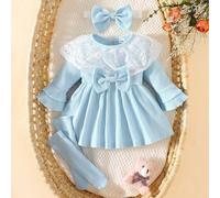 Abito da neonata con colletto in pizzo, con maniche a trombetta e fiocco, abbinato a fascia per capelli e copripiedini dello stesso colore rosa a righe, in stile retrò carino, adatto per fotografie al