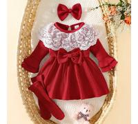 Abito da neonata con colletto in pizzo, con maniche a trombetta e fiocco, abbinato a fascia per capelli e copripiedini dello stesso colore rosa a righe, stile retrò carino e confortevole, adatto per s