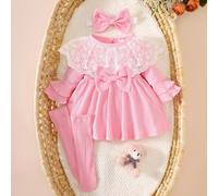 Abito da neonata con colletto in pizzo, con maniche a trombetta e fiocco, abbinato a fascia per capelli e copripiedini dello stesso colore rosa a righe, in stile retrò carino, adatto per fotografie al