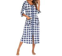 Abito da notte da donna, a maniche lunghe, da notte, da donna, lungo, a quadretti, con scollo rotondo, per la casa, per l'autunno e l'inverno, per il sonno, casual, grandi taglie, Blu, m