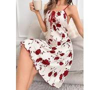 Abito da notte da donna in poliestere con motivo floreale con lacci sul davanti, abito di lunghezza regolare per uso domestico o per uso occasionale (XXXL rosso)