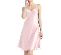 Abito da notte sexy da donna, taglia grande, in raso, abito da notte elegante, senza maniche, con scollo a V, con spalline, leggero e sottile, tinta unita, per interni, Rosa, M
