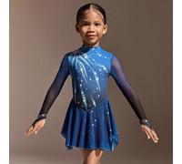 Abito da pattinaggio artistico a maniche lunghe blu reale per ragazze giovani, con stampa di fuochi d'artificio in cristallo, caratterizzato da una silhouette sagomata ad alta elasticità e una gonna i