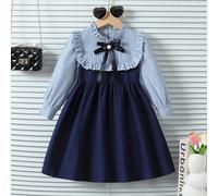 Abito da principessa dolce per bambine + colletto e bavetta con volant + fiocco a righe in contrasto, stile coreano casual chic per la scuola, adatto per il ritorno a scuola, vacanze, viaggi, primaver