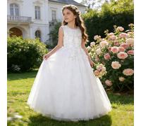 Abito da principessa elegante bianco per ragazze, con ricamo in pizzo e fiori, adatto per balli, cerimonie formali, concorsi di bellezza, laurea, Pasqua 6Y,7Y,5Y,8-9Y,10-11Y,12-13Y,14YPianteTessuto