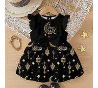 Abito da principessa medio-orientale per bambine con stampa di stelle e lune, fiocco, comodo e alla moda, adatto per primavera, estate, autunno 6-9M,9-12M,12-18M,18-24M,2-3YGeometrico,Grafico,LettereT