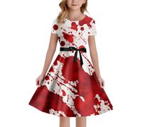Abito da principessa, per Halloween, medievale, con stampa di macchie di sangue, senza maniche, linea A, costume per bambini, chiusura lampo elastica sul retro (bianco, 11-12 anni)