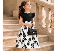 Abito da principessa per ragazze, con stampa rose bianche e nere, maniche a volant, fiocco in vita, gonna ampia, stile di lusso da principessa 6Y,7Y,8Y,4Y,5YPianteTessuto