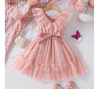 Abito da principessa rosa a pois in tulle con maniche in rete per ragazze, abito da cerimonia formale per feste di compleanno e performance, primavera/estate 6Y,7Y,4Y,5Y,2-3YPiantePoliestere