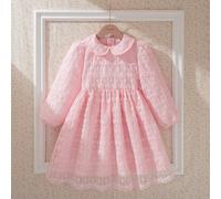 Abito da principessa rosa con ricamo floreale in rete elegante per ragazze, colletto Peter Pan, maniche lunghe, adatto per occasioni primaverili, estive e autunnali come feste di compleanno, fotografi