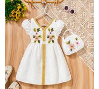 Abito da principessa vintage ricamato con fiori, abito vintage scollo a V con borsa, set elegante e nobile per bambine, essenziale per fotografie genitori-figli e occasioni di banchetti, creando uno s