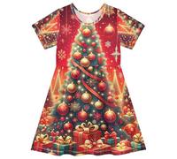 Abito da ragazza a maniche corte in maglia con alberi di Natale UPF50 Sun Safe morbido tessuto 2T 3T 4T 5-6T 7-8T, Alberi di Natale, 5-6 Anni