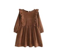 Abito da ragazza a maniche lunghe, invernale, con volant, lunghezza al ginocchio, abito midi a coste, per autunno, inverno, comodo, delicato sulla pelle, tinta unita, per il tempo libero, con linee