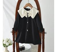 Abito da ragazza con maniche lunghe e colletto a blocchi di colore, stile dolce e carino, adatto per l'autunno e la primavera 6Y,7Y,4Y,5Y,2-3YA striscePoliestere