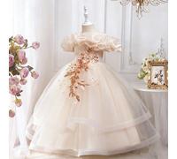 Abito da ragazza con scollo aperto sulle spalle, in in rete con contrasto floreale 3D, abito da cerimonia per la festa di compleanno della damigella, matrimonio formale, elegante per recital di pianof