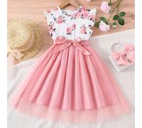 Abito da ragazza con stampa a rose, gonna rosa in tulle a ruota, maniche a volant, vita segnata, abito da principessa estivo 6Y,7Y,4Y,5YPiantePoliestere