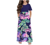 Abito da Ragazza Elegante Vestito Ragazze Lunga Fiore Stampa Grafica Maniche Corte Scollo Tondo Casual Vestiti Lunghi Bambini Eleganti Con Tasche Comodo Carnevale Compleanno Vacanza Quotidiane