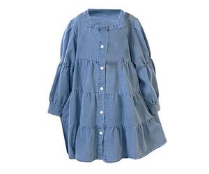 Abito da ragazza, in denim, a maniche lunghe, per l'autunno, per il tempo libero, in cotone, linea ad A, con tasche per tutti i giorni, la scuola, le vacanze, gli abiti comodi e classici, Blu, 13-14