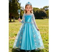 Abito da ragazza in rete decorato con paillettes blu chiaro con accessori corona e bacchetta magica, abito casual per ragazze, adatto per la primavera/estate/autunno/inverno, adatto per Eid nel Medio 