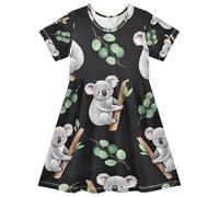 Abito da ragazza nero con koala ad acquerello a maniche corte una linea prendisole in maglia per giochi estivi, 2T, Acquerello Koala Nero, 4 anni