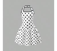 Abito da ragazza pre-adolescente con pois neri su sfondo bianco, scollo quadrato, design con allacciatura al collo, patchwork a forma di V che stringe la vita, orlo con volant, tessuto delicato sulla