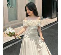 Abito da ragazza pre-adolescente con spalle scoperte e decorazione floreale 3D, elegante abito lungo beige da ospite di matrimonio per l'estate, festa di compleanno, performance, vestibilità slim, loo