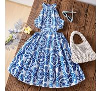 Abito da ragazza senza maniche con stampa, vita traforata, stile alla moda per vacanze, adatto per l'estate e la spiaggia 8Y,9Y,10Y,11Y,12Ystampa dappertuttoTessuto