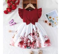 Abito da ragazza stile vacanza dolce con maniche a volant, fiocco e stampa localizzata a rose 6Y,7Y,4Y,5Y,2-3YFlorealeTessuto