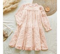 Abito da ragazza tween con strati di tulle, maniche lunghe, colore albicocca, aderente, elegante per uscite, servizi fotografici, pois rosa e bianchi, autunnale, stile fairy core, tea festa 8Y,9Y,10Y,