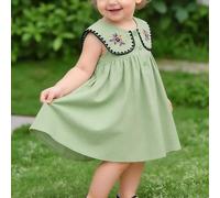 Abito da ragazza vintage floreale ricamato Peter Pan collare button down senza maniche una linea casual estate vacanza verde 6-24 mesi