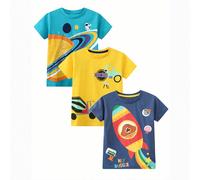 Abito da ragazzo giovane di 3 pezzi con comodo e casual T-shirt con collo tondo e disegno a pianeta cartone animato con stampa a caso per top estivo a maniche corte 6Y,7Y,2Y,3Y,4Y,5YAnimale,Fumetto,Ge