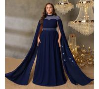 Abito da sera a-line con collo alto per donne taglia forte, con maniche a scialle trasparenti e fascia in vita decorata con cristalli, abito elegante da cerimonia con body trasparente e gonna ampia, c