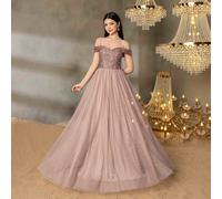 Abito da sera a-line lucido - con scollo a cuore off-the-shoulder, gonna trasparente e corpetto aderente con paillettes, adatto per balli, matrimoni, cene formali e celebrazioni di lusso. 14Y,13Y,16Y,