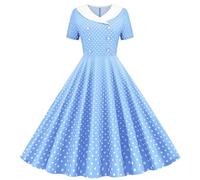 Abito da sera a pois, da donna, stile rockabilly, con scollo a V, maniche corte, casual, svasato, abito da cocktail, per feste anni '50, per feste e balli, 01 Cielo Blu, XXL