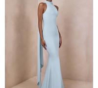 Abito da sera a sirena blu senza maniche con strascico extra lungo taglie forti, non consigliato per persone alte meno di 170 cm, per matrimonio e feste 0XL,1XL,2XL,3XLColore unicoTessuto intrecciato