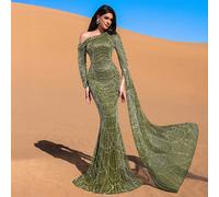Abito da sera a sirena con una spalla, decorato con perline e paillettes, con maniche asimmetriche - lunghezza al pavimento drammatica, adatto per eventi in smoking, matrimoni e lanci di marchi di lus