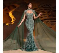 Abito da sera con collo alto, taglio e spalline in organza eterea, silhouette a sirena - Abiti da cerimonia formali per eventi sul red carpet, gala in smoking, ricevimenti di nozze, serate all'opera e