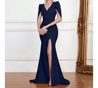 Abito da sera con schiena scoperta e scollo a V, abito elegante aderente con strascico, abito da festa, abito da invitato a matrimonio, abito da sera L,M,S,XL,XSColore unicoTessuto in maglia