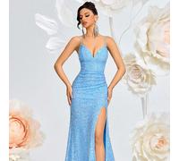 Abito da sera con scollo a V arricciato in vita, con paillettes, spacco frontale, schiena scoperta e lacci incrociati, adatto per laurea, compleanno, appuntamento, ritorno a casa, matrimonio, cena for