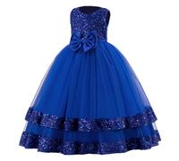 Abito da sera da bambina con paillettes e fiocco, stile principessa, a maniche lunghe, per feste di compleanno, concorso e spettacolo sul palco, Blu, 7-8 Anni