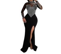 Abito da sera da donna, a maniche lunghe, abito da cerimonia, rotondo, lungo spaccato in rete, con strass, stile temperamento, elegante, taglio sottile, classico, per cocktail