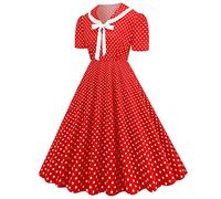 Abito da sera da donna, casual, con scollo a V, a pois, a maniche corte, abito da ballo, Rosso, M