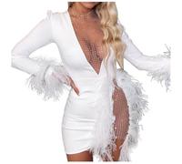 Abito da sera da donna, chic e glamour, abito vintage da sera sexy a maniche lunghe, scollato, per immersioni in mini festa, body con piume e paillettes