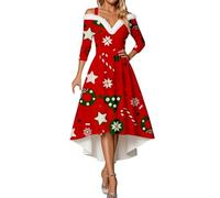 Abito da sera da donna, con collo in pelliccia, scollo a V, abito da cocktail, abito invernale, linea ad A, abito da festa, Rosso 110, S