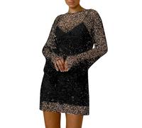 Abito da sera da donna con paillette, in rete, in tinta unita, casual, per feste, alla moda, elegante, traspirante, leggero, Nero , L